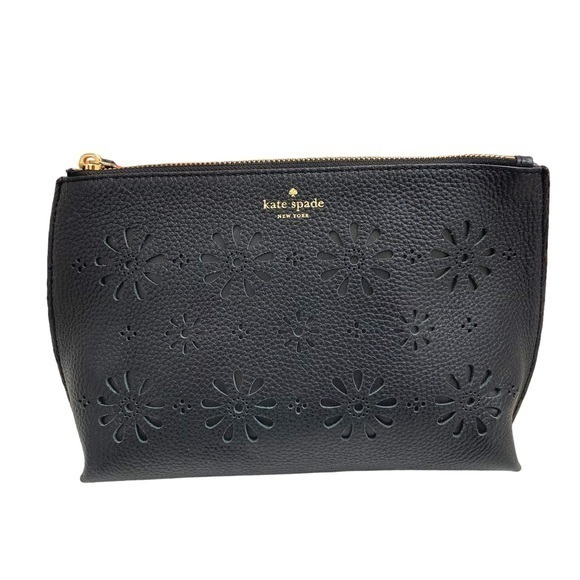 Kate Spade Black Pebbled Leather Perforated Clutch Bag Flowers Floral